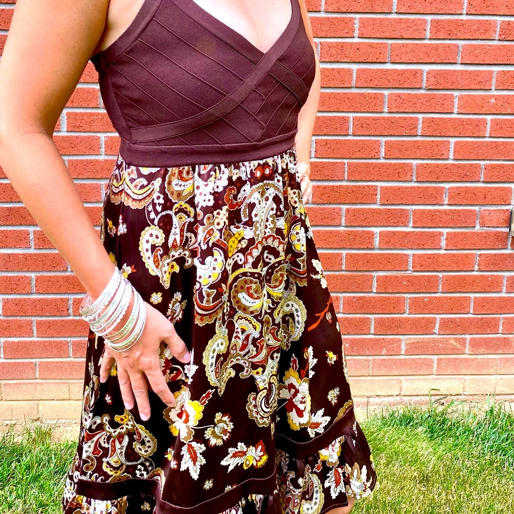 Brown with floral accent Bebe dress size medium